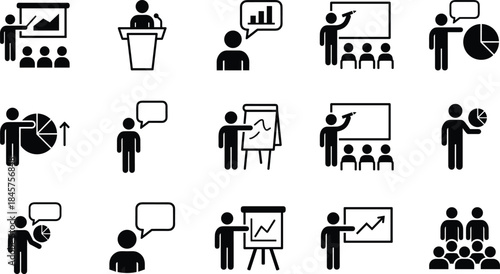 Business presentation icons set showing training meeting charts analytics communication leadership education seminar infographic vector design, for corporate marketing strategy