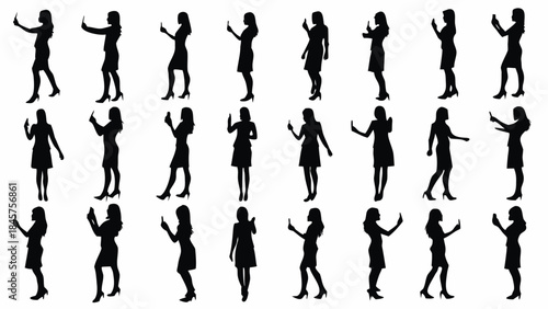 Collection of businesswomen using smartphones in various poses