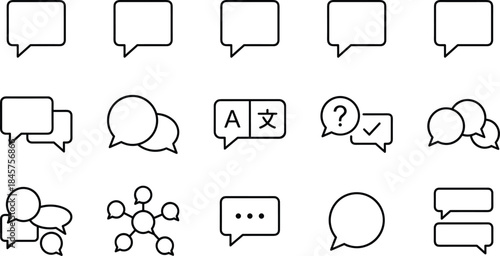 Chat bubble icon set, messaging communication symbols, dialogue speech bubbles, conversation UI elements, outline vector design, customer support concepts
