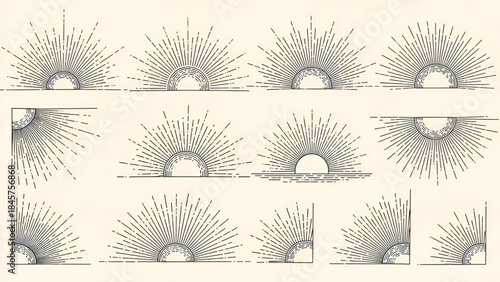 Sunrise diagram series with light rays
