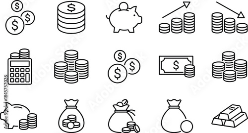 Financial money icons set with savings investment coins banking symbols minimal line style for business accounting infographic design vector illustration