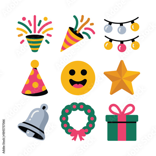 Festive christmas ornament icon collection with party popper wreath bell star, colorful flat vector illustration holiday design set