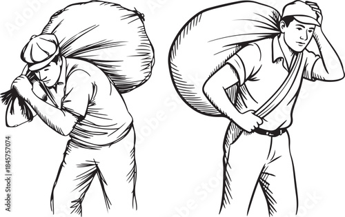 Man Carrying Heavy Sack on Back Sketch Vector Art