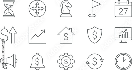 Business finance line icons set, strategy growth analytics money time investment planning marketing dashboard symbols for digital economy management design