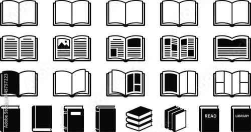 Open book icons set, reading library education, outline vector symbols, textbooks magazines, minimal black white pictograms collection isolated design illustration