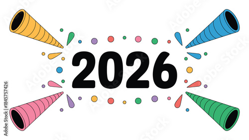 Colorful party horns celebrate 2026 with confetti