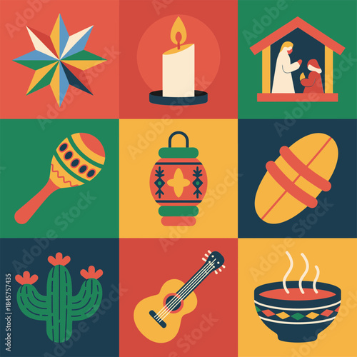 Festive christmas celebration icon collection with nativity candle star lantern maraca guitar cactus holiday flat vector illustration set