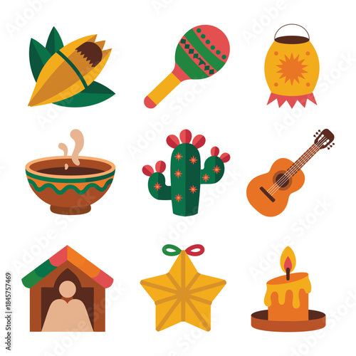 Latin festive celebration icon collection with maraca guitar cactus lantern nativity star candle holiday flat vector illustration design set