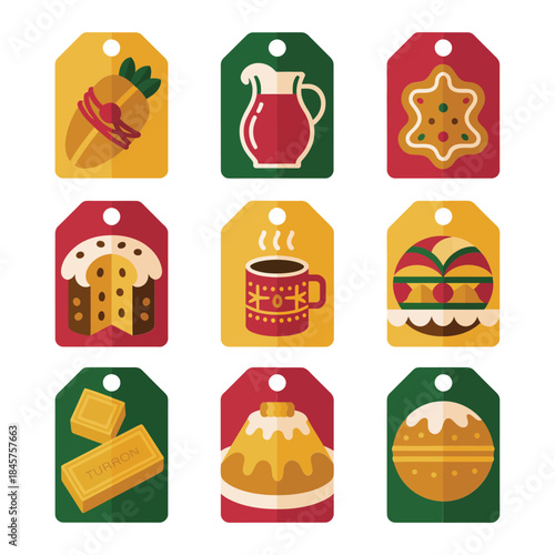 Christmas gift tag icon set with holiday food drink cookie dessert ornament label flat vector illustration collection