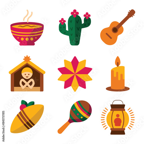 Mexican festive holiday icon collection with nativity candle maraca cactus guitar star flat vector design elements
