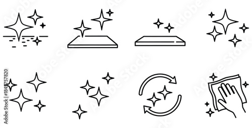 Set of eight black line icons representing surface cleaning polishing and sparkling shine effects
