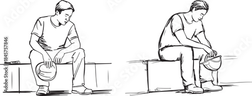 Tired Construction Worker Sitting Rest Sketch Vector