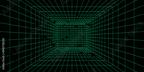 3D wireframe green room. Abstract perspective grid. Retro futuristic concept. Vector illustration.