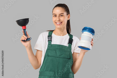 Female plumber with plunger...