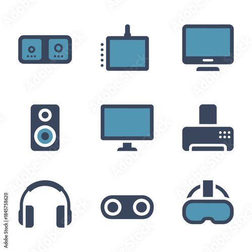 Home electronics and audio visual equipment illustration set featuring screens speakers headsets controllers flat vector design elements