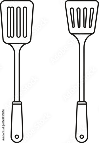 Clean, minimalist vector illustration set featuring two different styles of slotted kitchen spatulas or turners, essential cooking utensils used for flipping, serving, and preparing food in profession
