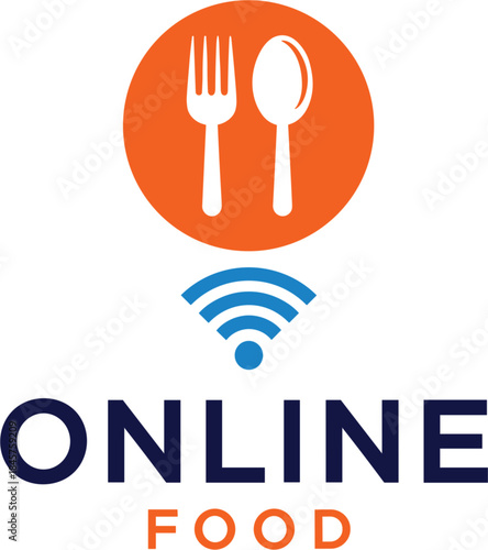 Modern, colorful vector logo design featuring a white fork and spoon within an orange circle, paired with a blue Wi-Fi signal graphic and the text "Online Food," representing food delivery, digital re