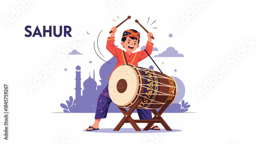 Illustration of a man playing a large drum with dynamic motion lines, wearing traditional attire, set against a city skyline background.