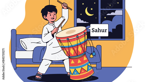 Illustration of a young boy playing a colorful drum with sticks in a bedroom at night with a window showing a moonlit sky.