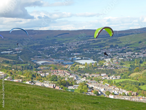 Paragliding above Pontlottyn in the Welsh Valleys	