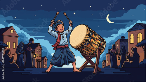 Illustration of a barefoot man playing a large drum with two drumsticks in a nighttime village scene with buildings and a crescent moon.