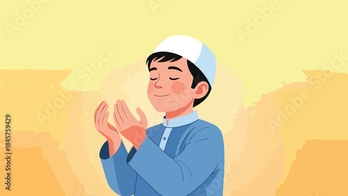 Illustration of a smiling young Muslim boy wearing a traditional outfit and cap, with hands clasped in prayer against a vibrant yellow and orange background.
