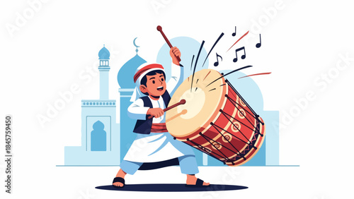 Illustration of a man in traditional attire playing a large drum with musical notes, against a mosque background.