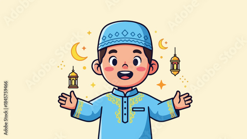 A happy cartoon Muslim boy wearing a blue kufi and thobe, surrounded by crescent moons, stars, and lanterns, celebrating Eid or Ramadan.