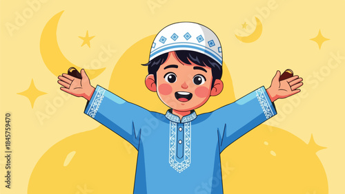 A cheerful young boy wearing a traditional outfit with a white and blue cap stands with arms outstretched holding small objects against a vibrant yellow background with crescent moons and