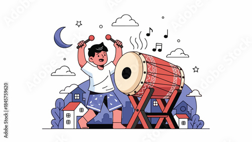 Illustration of a joyful boy enthusiastically playing a large drum under a night sky with clouds and a crescent moon.