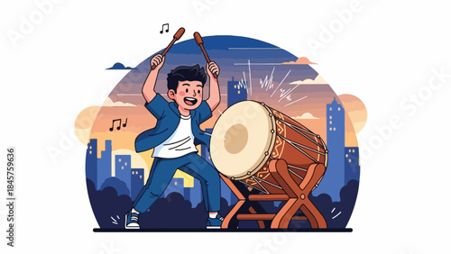 Illustration of a man enthusiastically playing a large drum with cityscape and sunset background.