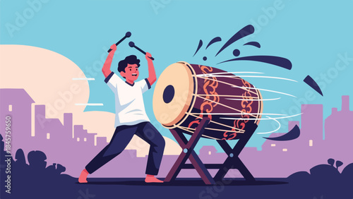 Illustration of a man playing a large drum with dynamic motion lines in a cityscape background with a vibrant and energetic mood.