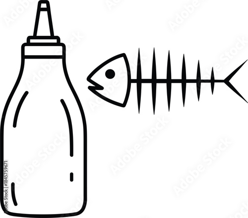 Minimalist, black and white line art vector illustration featuring a condiment squeeze bottle next to a detailed fish skeleton, symbolizing umami flavor, Asian cuisine, and the key ingredients of savo