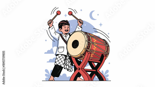 A cartoon man in a traditional outfit enthusiastically playing a large drum with two drumsticks in a dynamic, colorful scene.