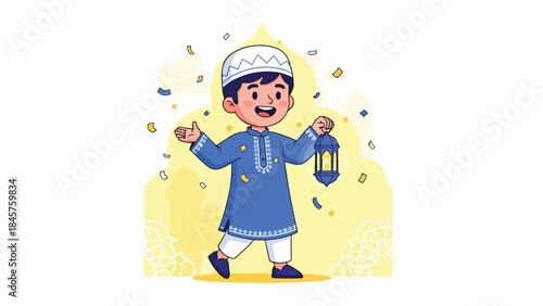 A cheerful young boy in a blue outfit and white headband holding a lantern with confetti around him on a yellow background with a joyful and celebratory mood.