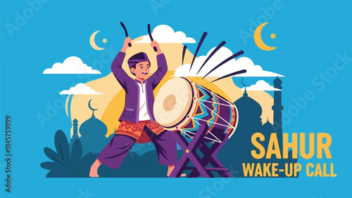 Illustration of a person playing a drum with dynamic movements and colorful attire against a vibrant blue background with clouds and crescent moons.