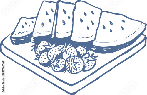 Hand drawn watermelon slices with strawberries in simple blue line art style. Minimal summer fruit vector illustration on a cutting board. Fresh, coastal, nature graphic.