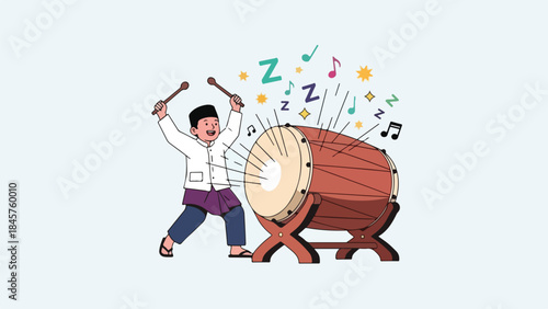 A man in traditional attire enthusiastically plays a large bedug drum, with musical notes and 'Z' symbols indicating sound.