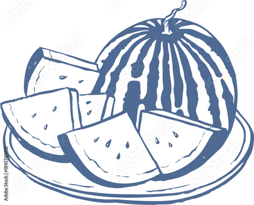 Hand drawn watermelon slices in simple blue line art style. Minimal summer fruit vector illustration. Coastal, food, nature graphic.