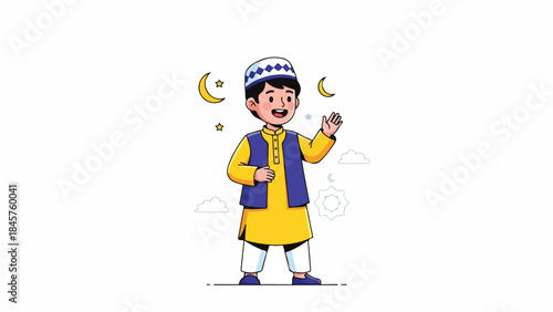 A cheerful cartoon boy in traditional Islamic attire, wearing a yellow kurta, blue vest, and kufi cap, waving with crescent moons and stars in the background.