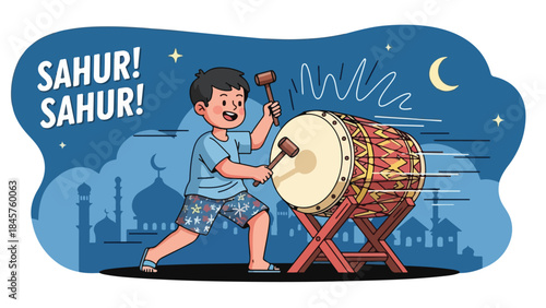 Illustration of a young boy playing a drum with a mallet in a nighttime scene with a city skyline and crescent moon, conveying a lively and festive mood.