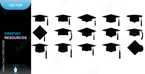 Set of black graduation cap silhouettes representing academic achievements and education graduation, cap, mortarboard, hat, silhouette