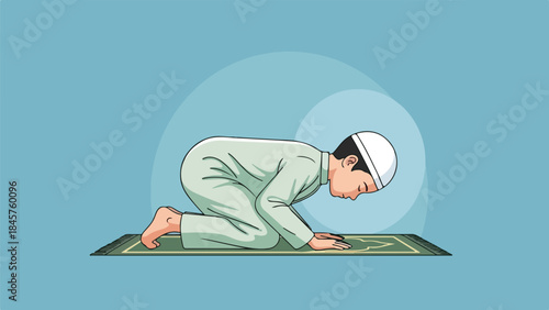 Illustration of a man in a kneeling position on a prayer mat with a serene blue background.