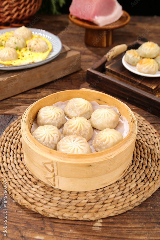 Fototapeta premium Steamed Dumplings and Dim Sum Breakfast Spread with All Ingredients