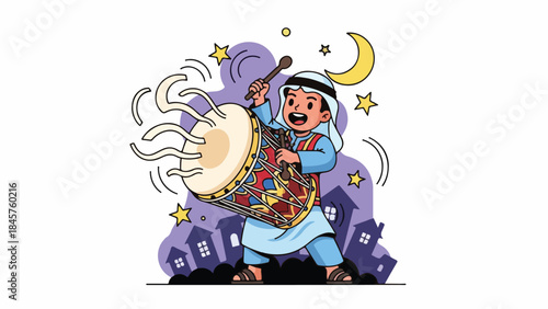 A cartoon boy wearing a headscarf playing a drum with a wooden stick in front of a purple cityscape at night with a crescent moon and stars.