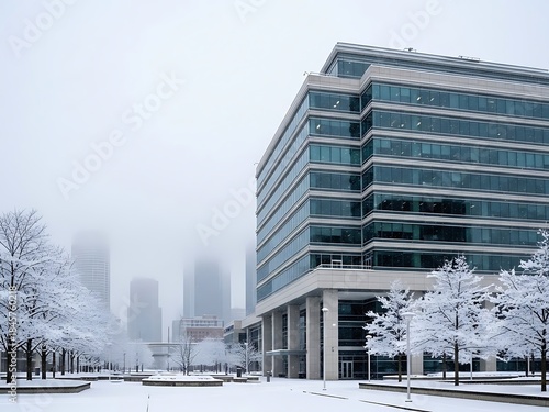 Modern glass office building covered in snow with bare trees and distant skyscrapers under a hazy winter sky