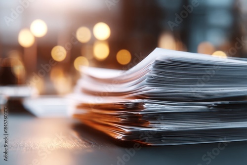 Close-Up View of Stacked Documents and Papers on Table with Blurred Background in Soft Light for Office and Work Concept