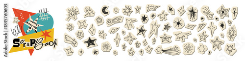 Paper cut collage elements set with hand drawn doodle stars and abstract irregular shapes. Funky scrapbook stickers with clipping effect. Modern vector illustration isolated on white background.