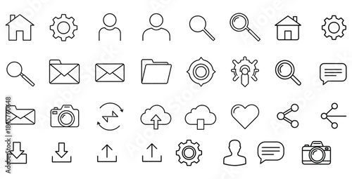 Collection of essential black outline vector icons representing web navigation settings communication and media functions