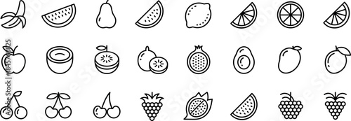 Simple line art fruit icons collection depicting a variety of healthy and fresh produce